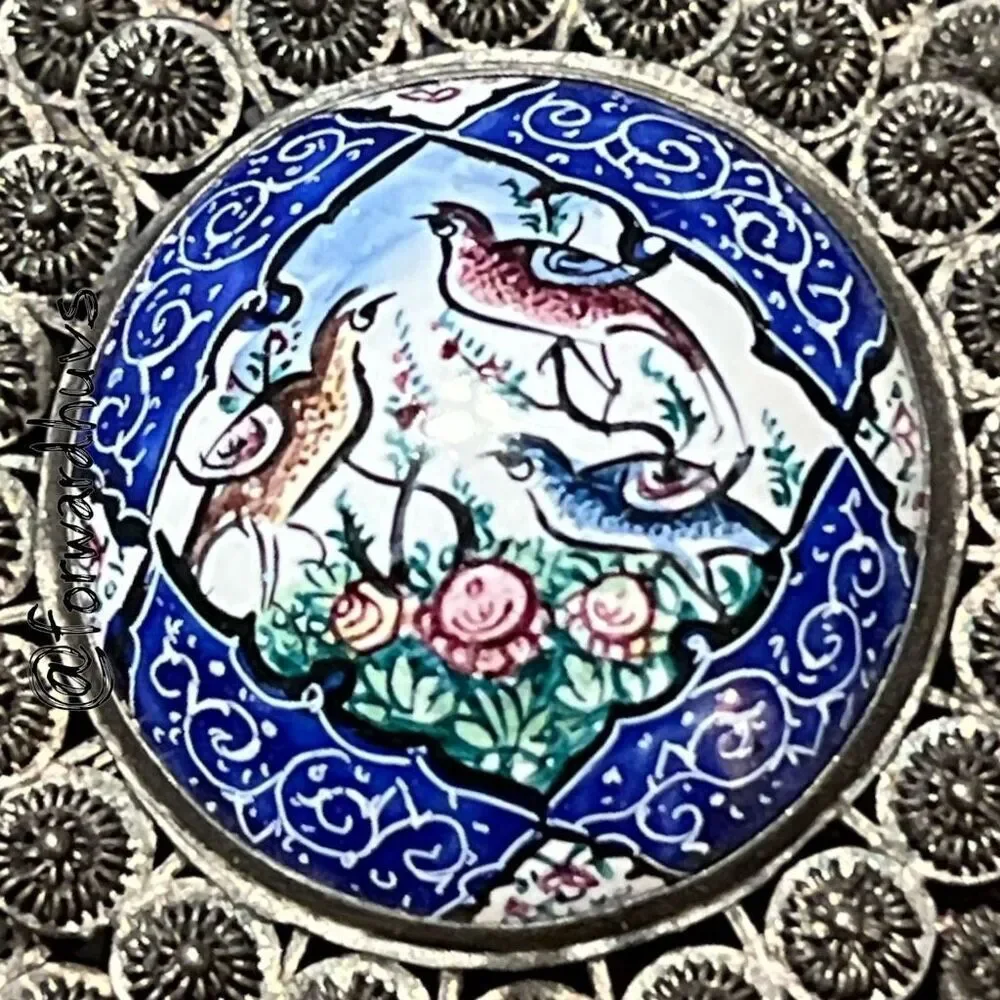 Persian Hand-Painted Enamel Brooch – Birds, Deer & Floral Motif
